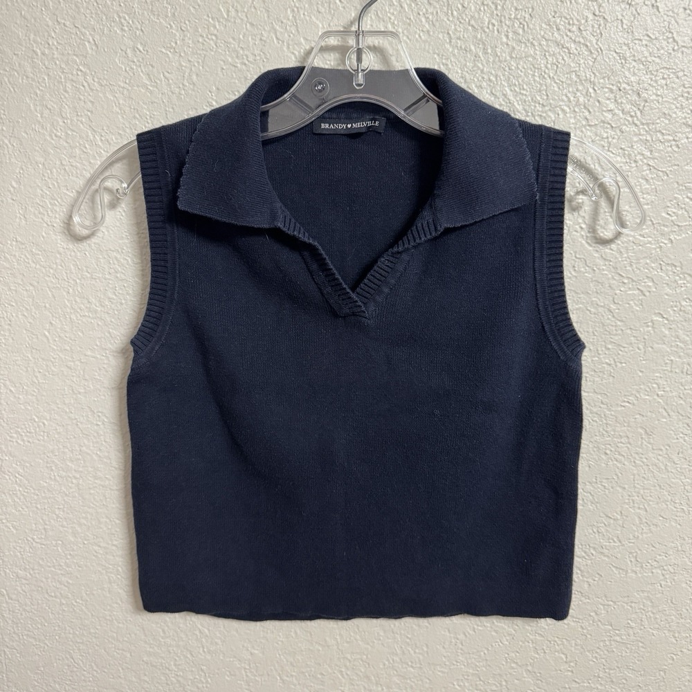Brandy Melville Top OS Navy Knit Collared Sleeveless Crop Preppy Y2K‎